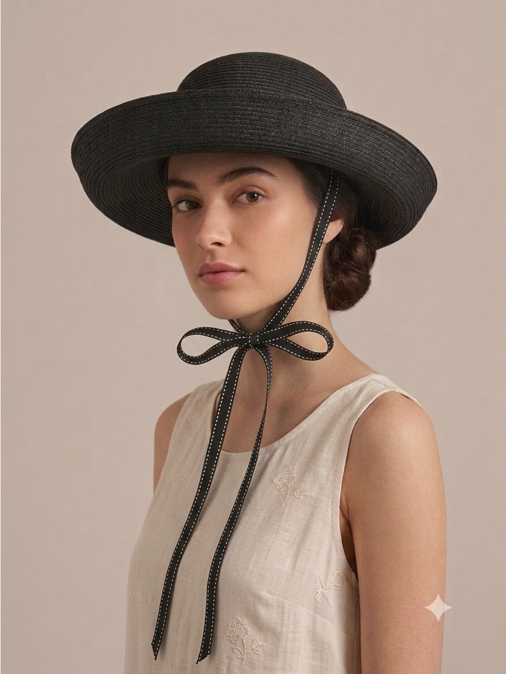 Vintage Black Straw Hat w/ Grosgrain Ribbon Chin Strap - One Size 🇨🇦